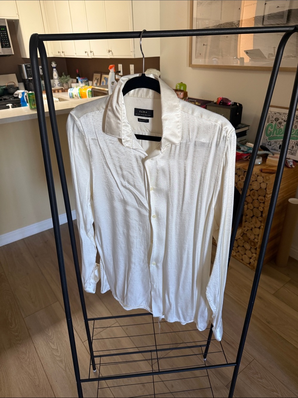 ZARA Man Cream Satin Finish Long Sleeve Button Down Shirt Large